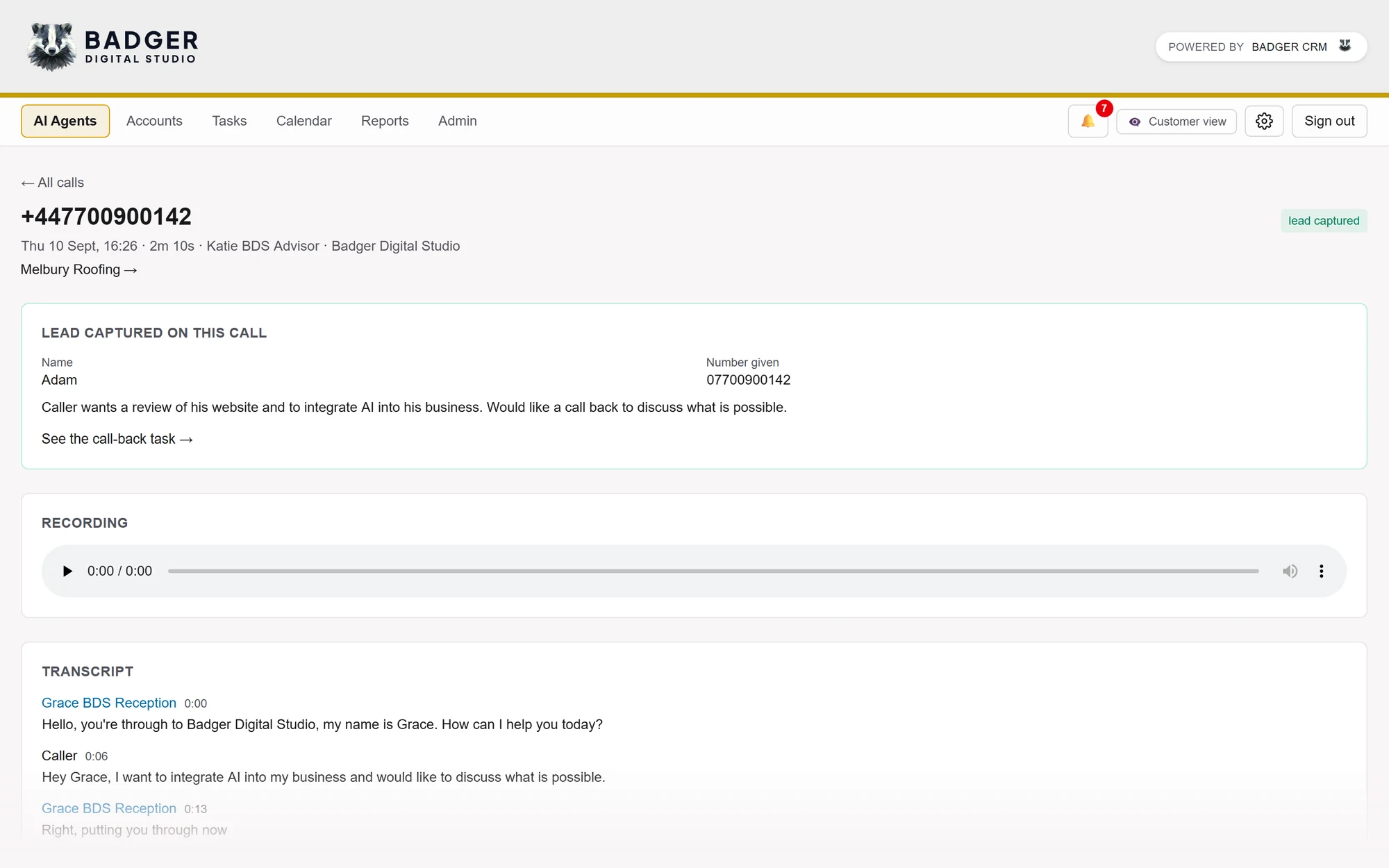 BadgerCRM call detail page showing the captured lead, the call recording player and the transcript between the AI agent and the caller