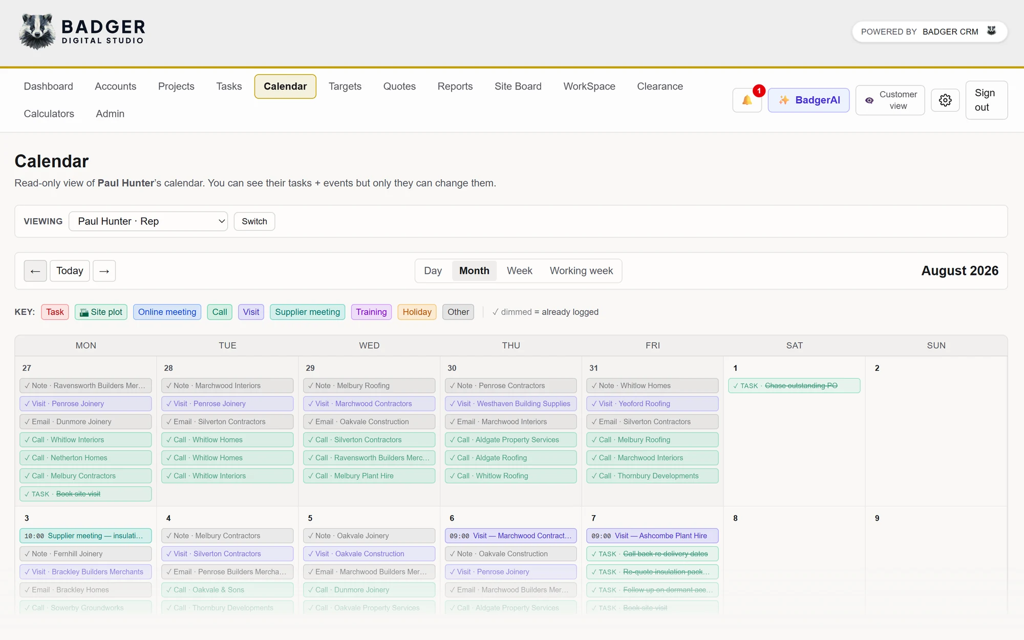 BadgerCRM month calendar showing a rep's logged visits, calls, emails and tasks