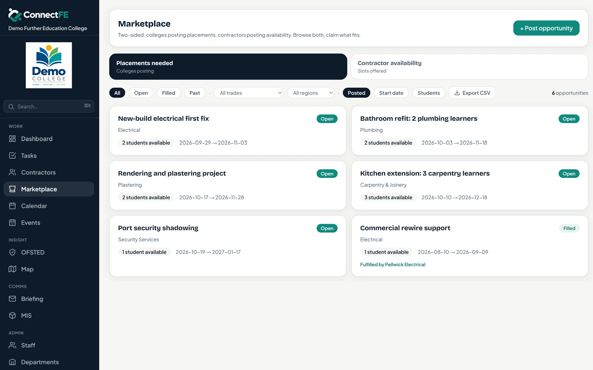ConnectFE marketplace listing six placement opportunities by trade, with student numbers, dates and open or filled status