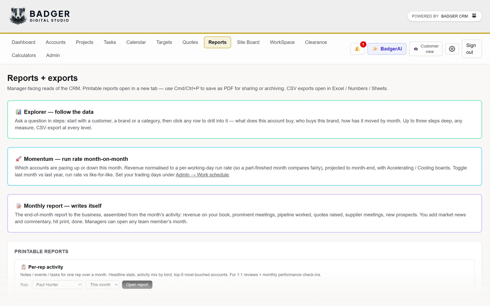 BadgerCRM reports page listing the data explorer, momentum run rate and monthly report